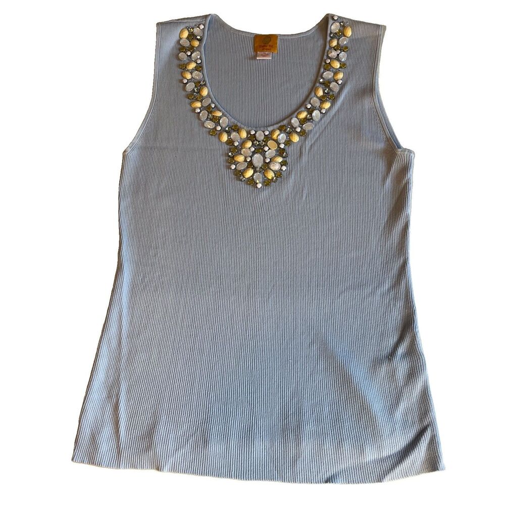 Ruby Road Woman Embellished Ribbed Knit Tank Top Size 3X Light Blue Rhinestones